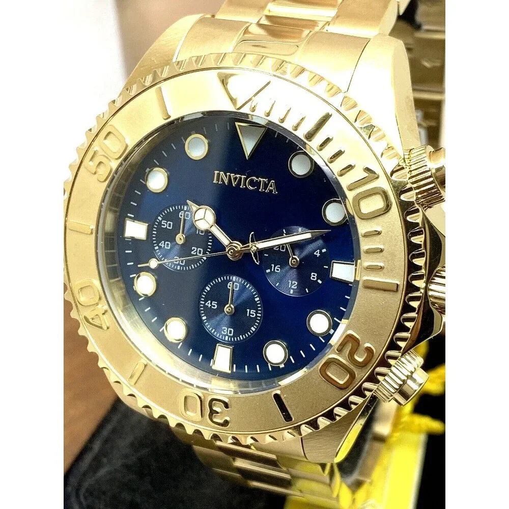 Invicta Men's Watch 36974 Pro Diver Quartz Chronograph Gold Steel Blue Dial 47mm